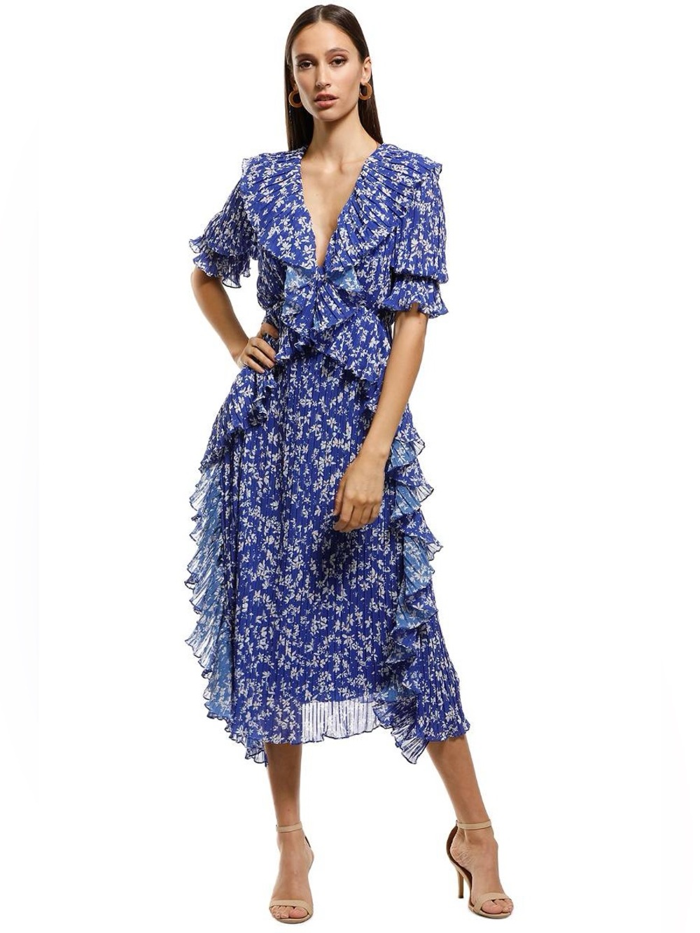 La Maison Talulah - Mediterranean Minx Blue Floral Ruffle-Trim Midi Dress